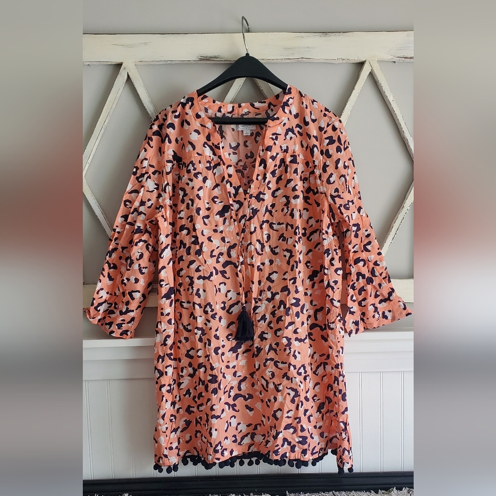 Mud Pie Women's Lacey Pom Cover-up Coral Navy And White Size large EUC